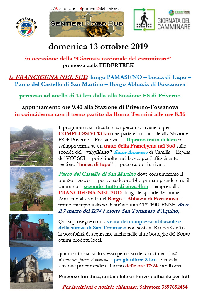 La FRANCIGENA NEL SUD: lungo l’Amaseno – bocca di Lupo – Parco del Castello di San Martino – Borgo Abbazia di Fossanova